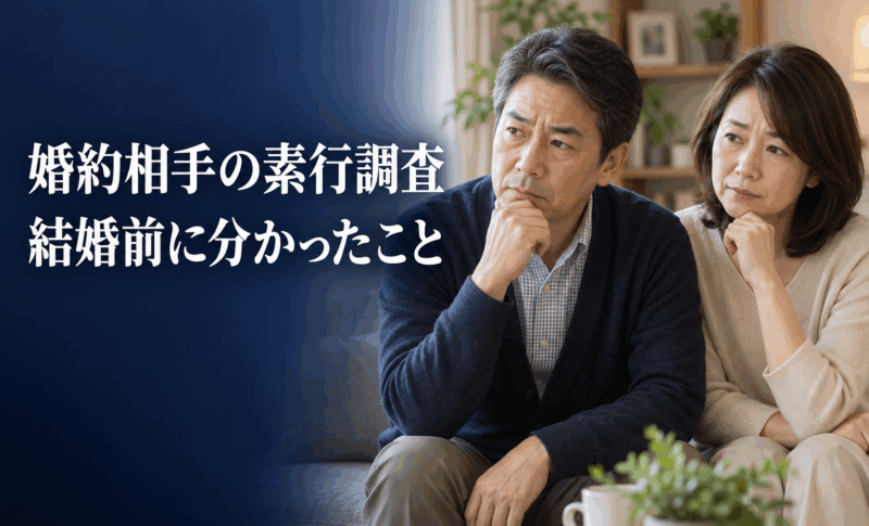 婚約相手の素行調査を考える両親のイメージと「結婚前に分かったこと」の文字