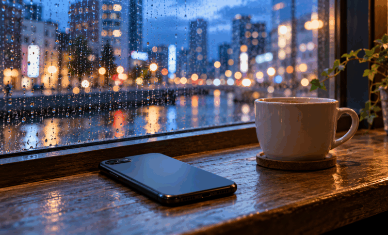 浮気調査の連絡方法を考えるイメージ。雨の街を望む窓辺のスマートフォンとカップ